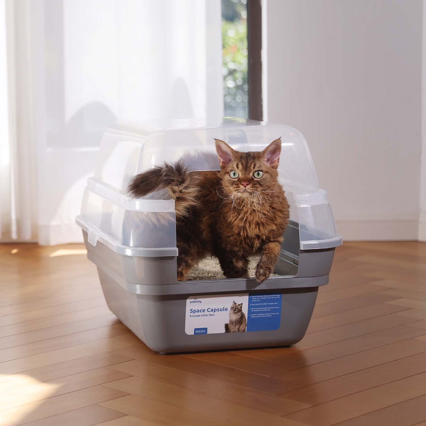 Jumbo hooded cat litter box front view in grey