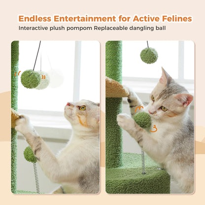 32" Cactus Cat Tree Tower with Cat Scratching Posts Cozy Condo Perch for Indoor Cats,Green