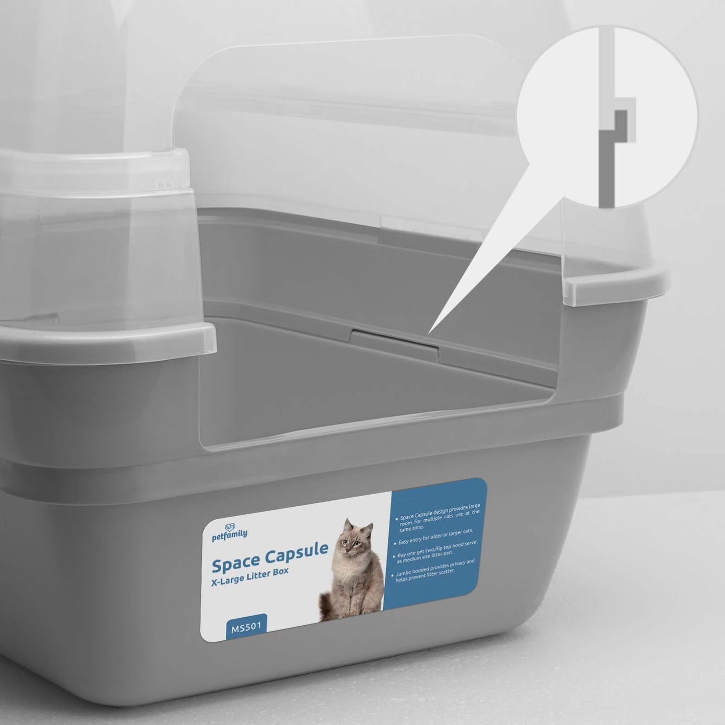 Jumbo hooded cat litter box front view in grey