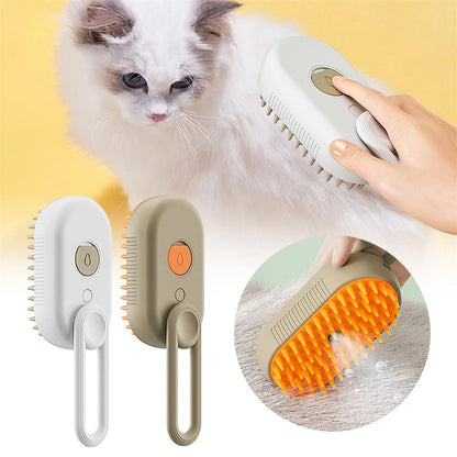 Cat being groomed with electric steam pet brush