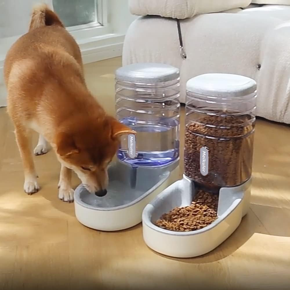 Automatic Dog Cat Feeder and Water Dispenser Set,Waterer and Gravity Food Feeder for Small & Medium Dogs Cats Puppies,Large Capacity 1 Gallon X 2 (Grey)