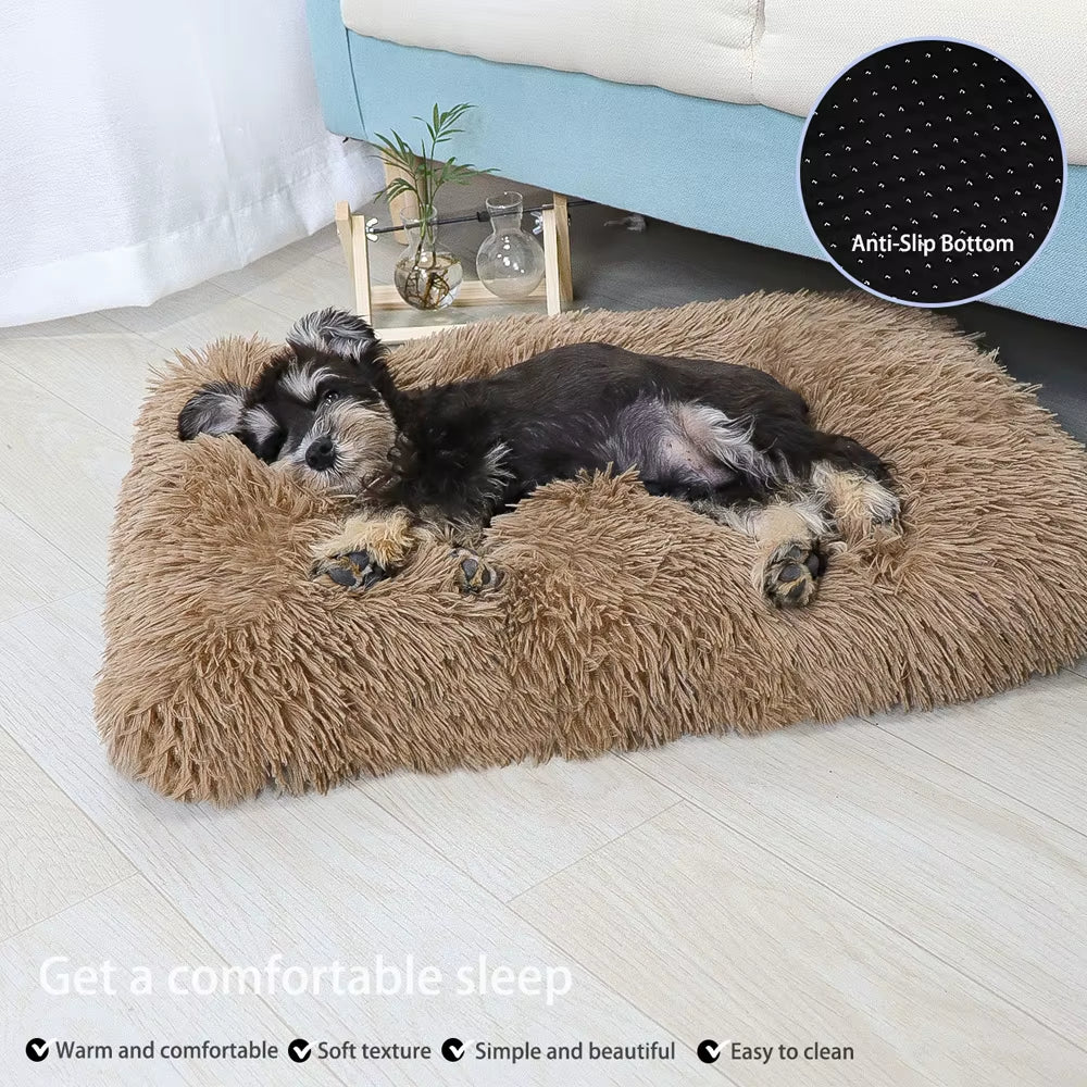 Plush washable dog bed shown in gray, soft sleeping mat for pets