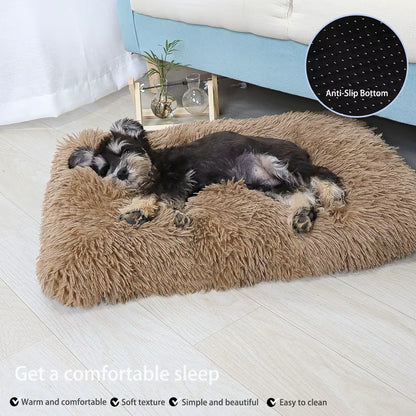 Plush washable dog bed shown in gray, soft sleeping mat for pets