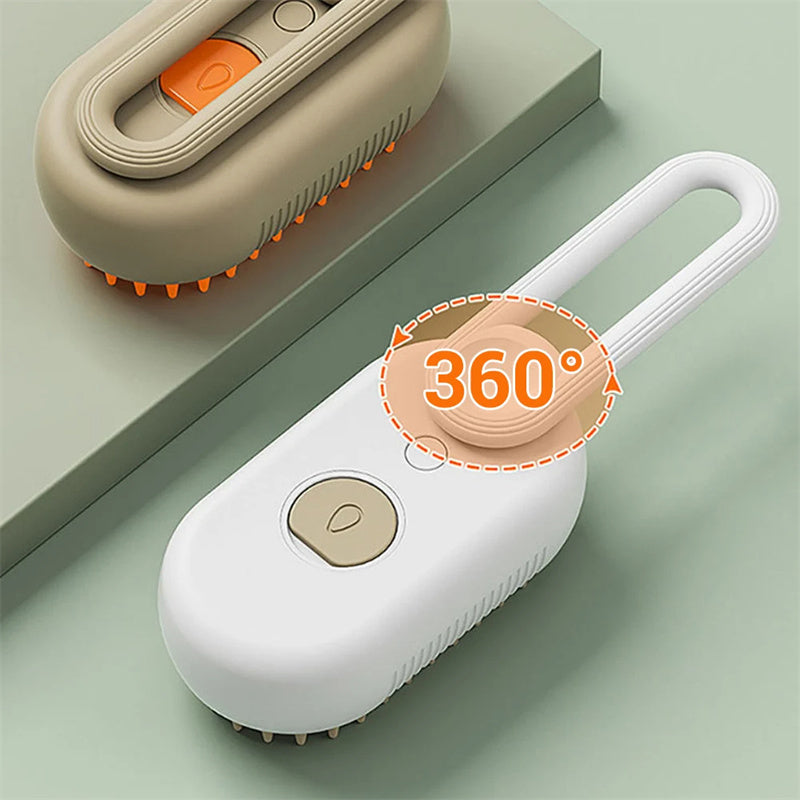 Cat being groomed with electric steam pet brush