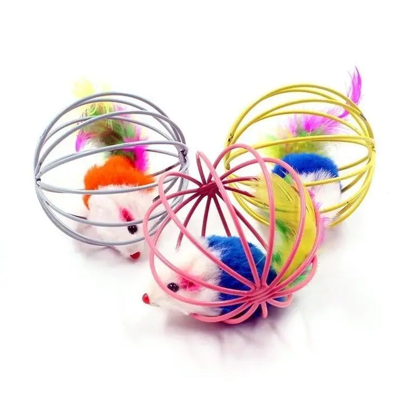 Close-up of caged mouse cat toy showing compact 6cm size