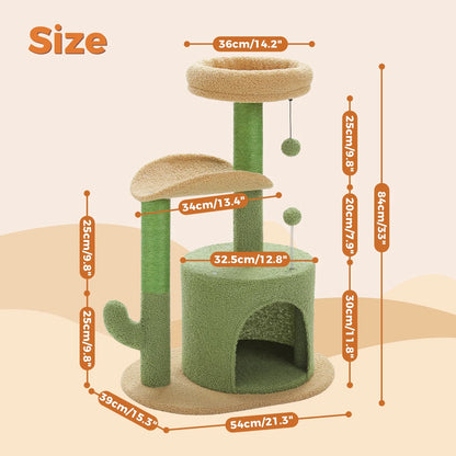 32" Cactus Cat Tree Tower with Cat Scratching Posts Cozy Condo Perch for Indoor Cats,Green