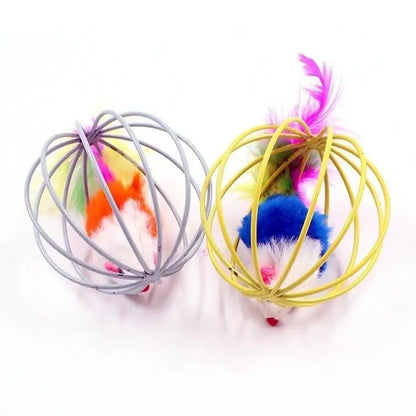 Dog batting caged mouse cat toy across the floor