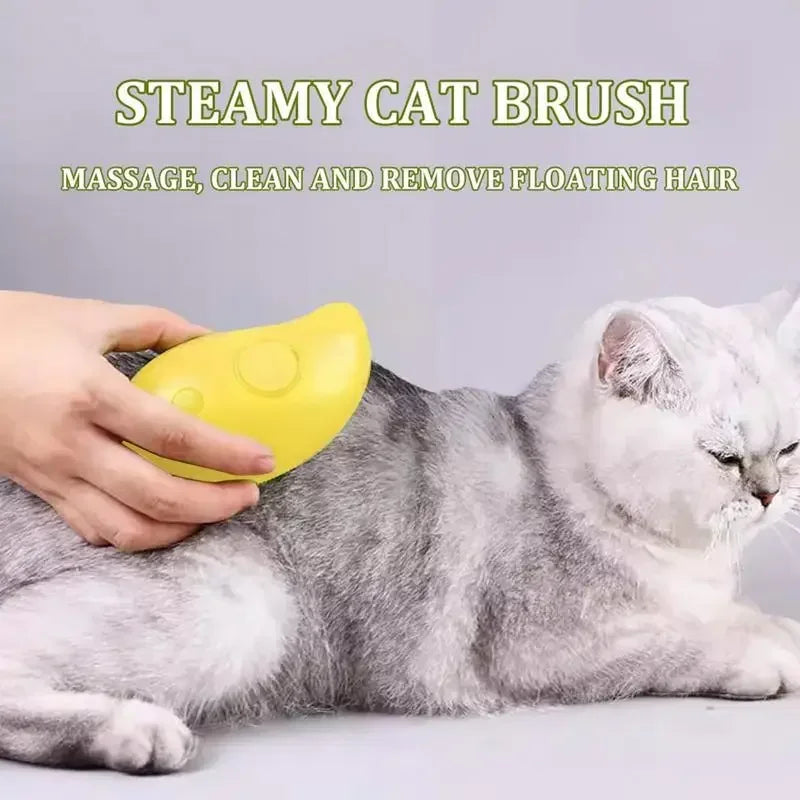 Pet grooming brush with steam spray for removing loose fur