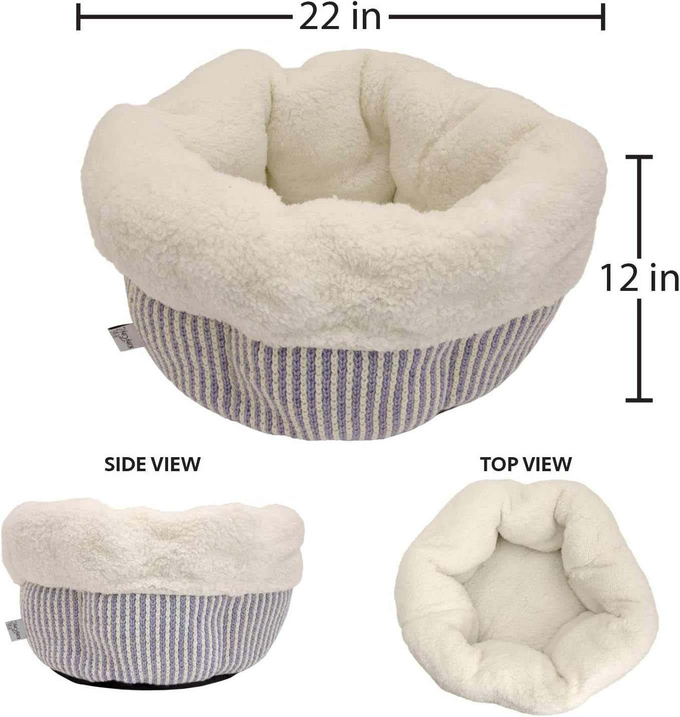 Deep Dish Donut Cat Bed con diseño suave y acogedor, medidas 22x12 pulgadas, vistas lateral y superior.