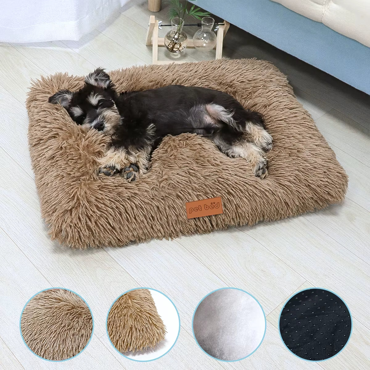 Plush washable dog bed shown in gray, soft sleeping mat for pets