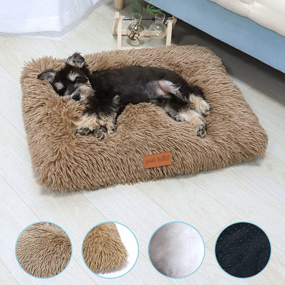 Plush washable dog bed shown in gray, soft sleeping mat for pets