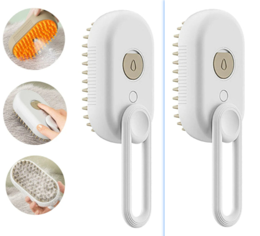 Cat being groomed with electric steam pet brush