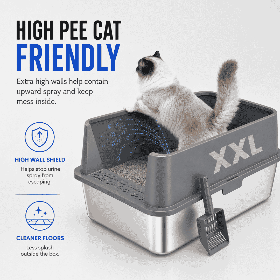 Extra large stainless steel cat litter box with high sides