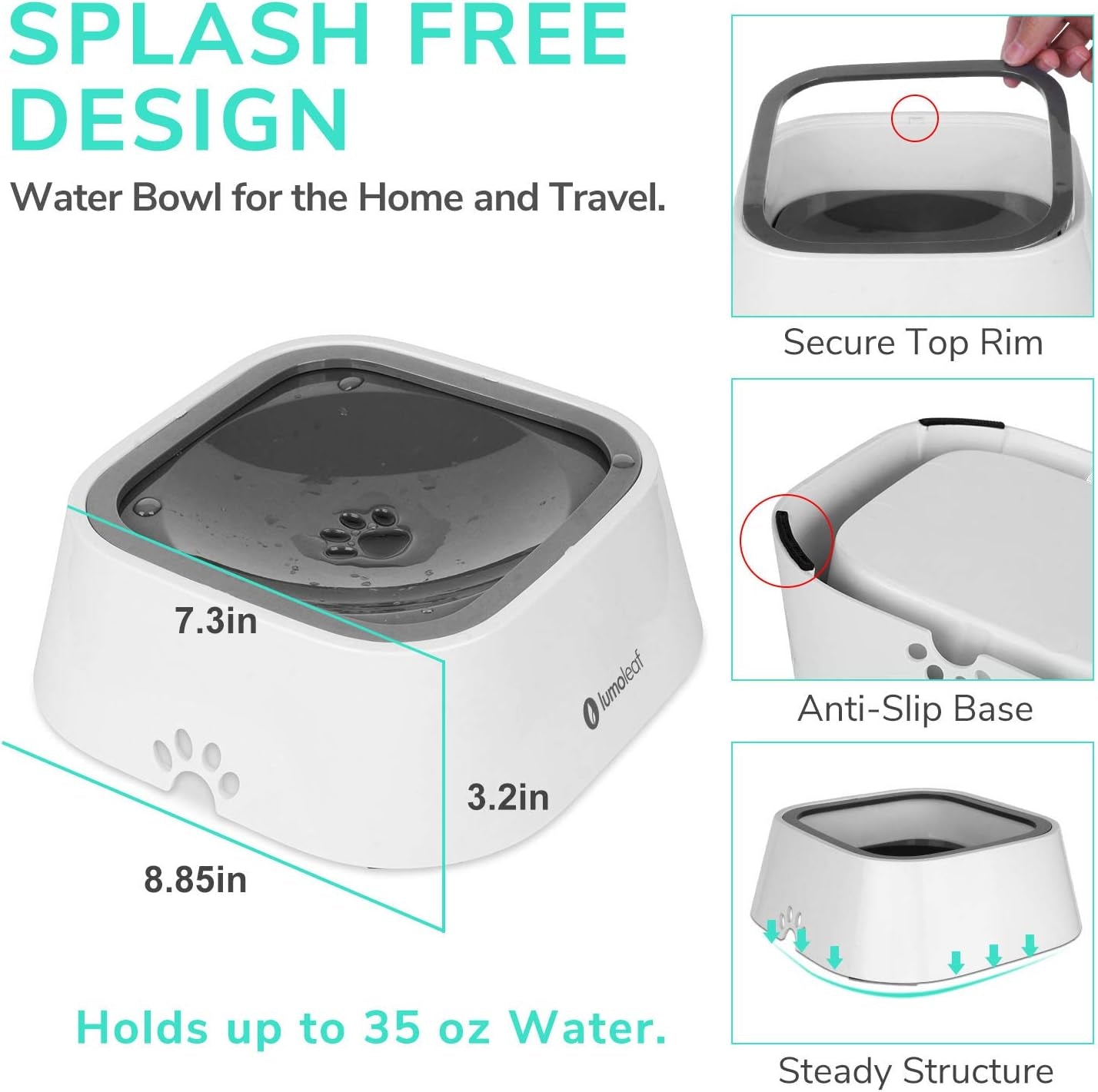 No Spill Dog Water Bowl con diseño a prueba de salpicaduras y capacidad de 35 oz, ideal para el hogar y viajes.