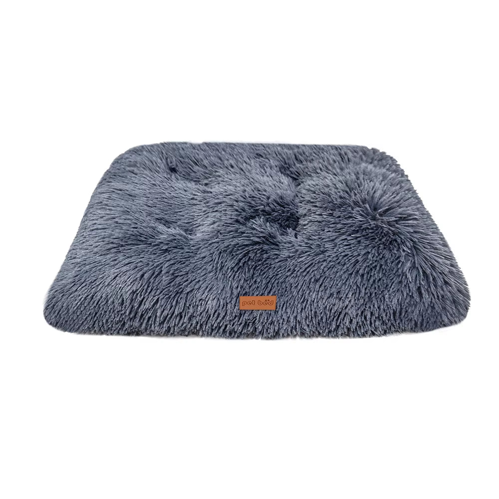 Plush washable dog bed shown in gray, soft sleeping mat for pets