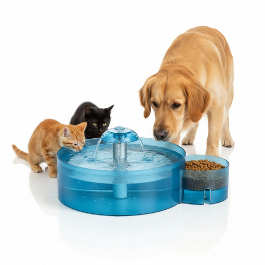 Blue automatic pet water fountain and food feeder bowl
