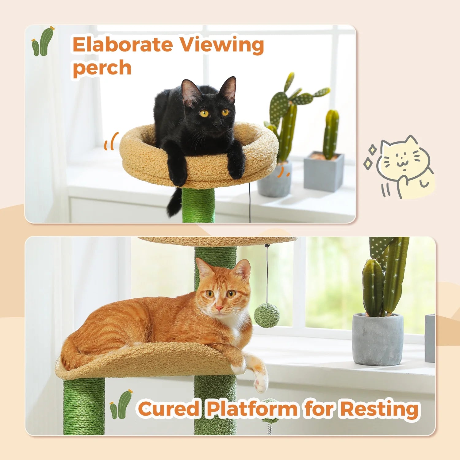 32" Cactus Cat Tree Tower with Cat Scratching Posts Cozy Condo Perch for Indoor Cats,Green