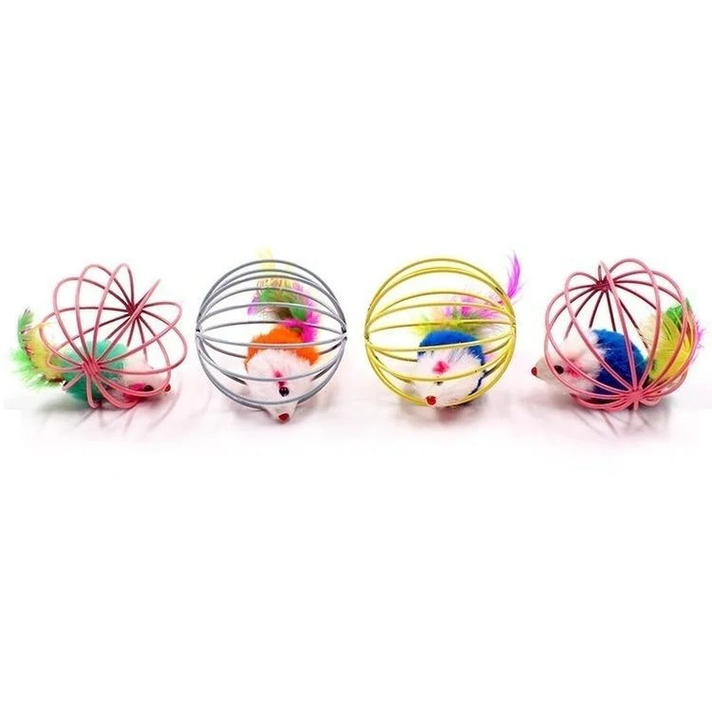 Dog batting caged mouse cat toy across the floor