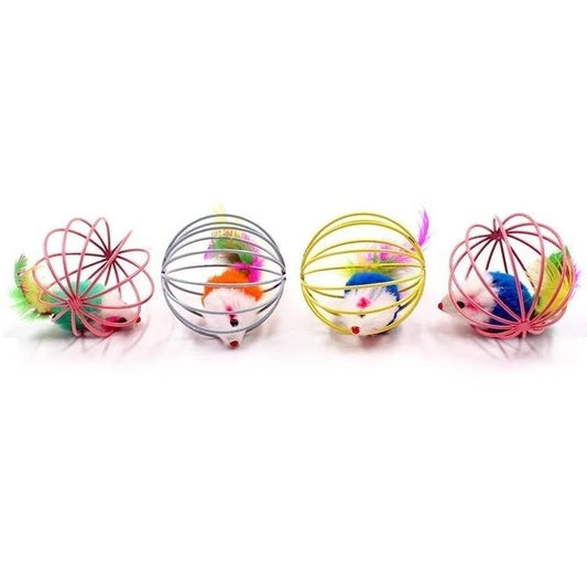 Dog batting caged mouse cat toy across the floor