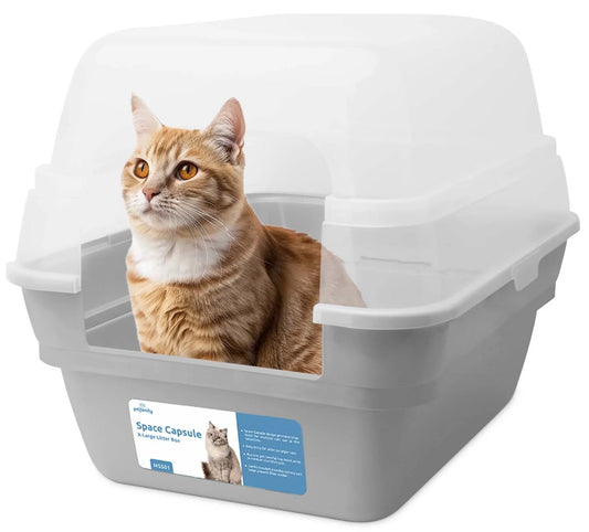 Jumbo hooded cat litter box front view in grey