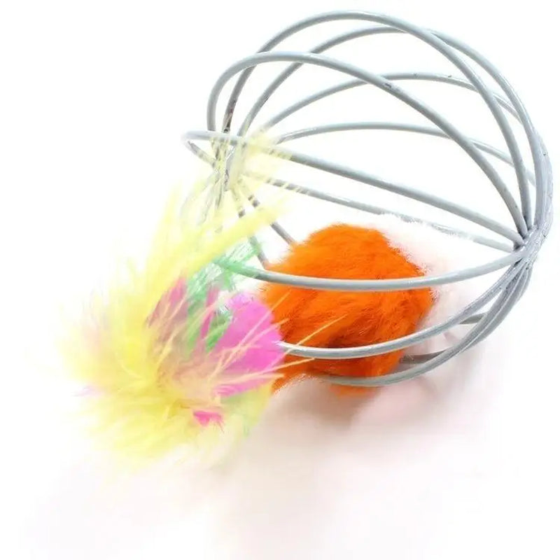 Cat playing with caged mouse cat toy to encourage chasing instincts