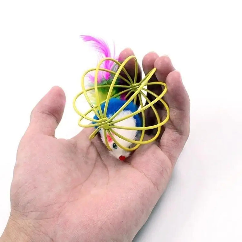 Cat playing with caged mouse cat toy to encourage chasing instincts